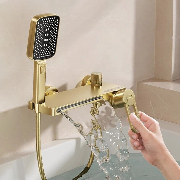 Wall Mounted Bath Shower Mixer Tap - Brass Single Handle with Hand Shower