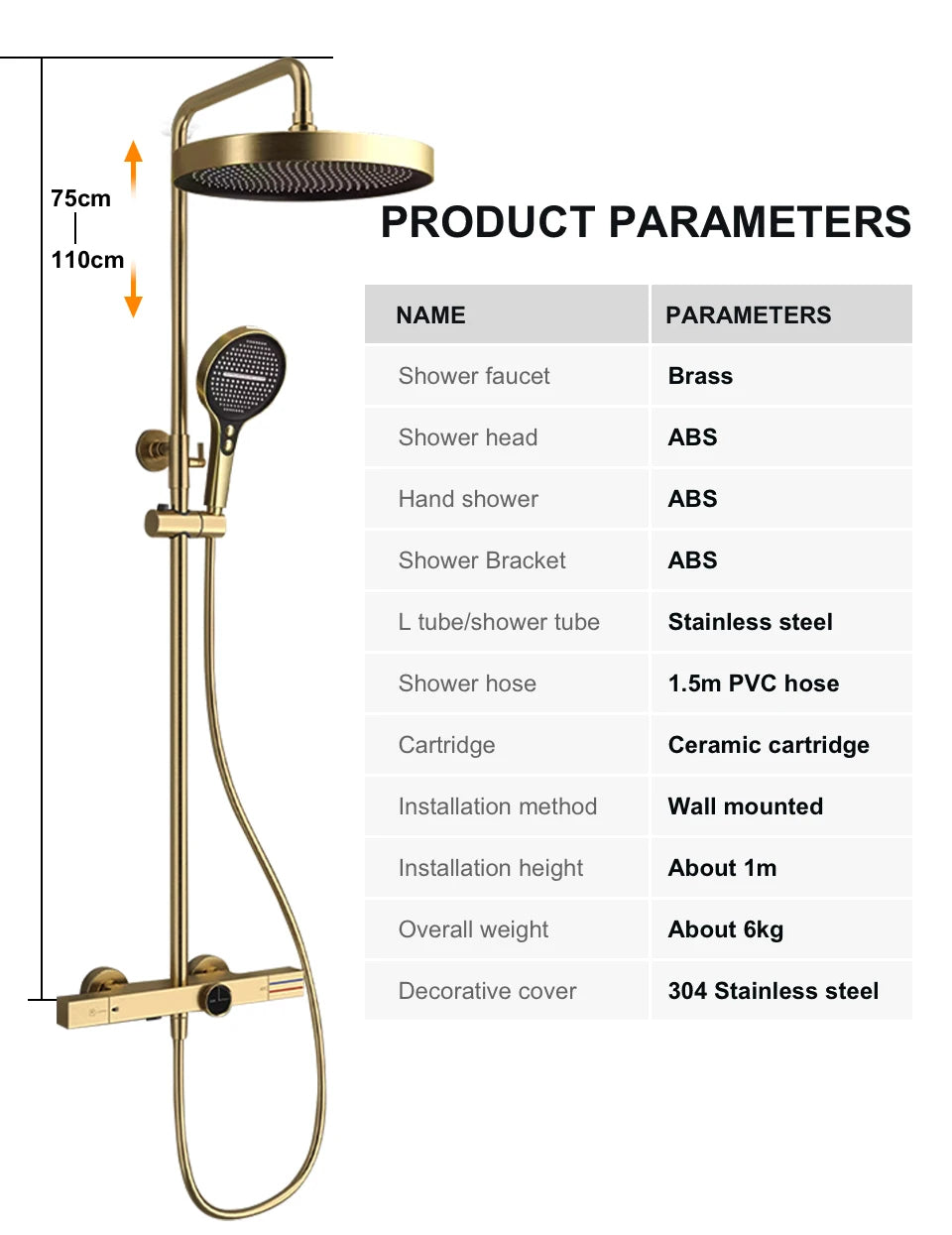 Thermostatic Gold Shower System - Luxury Brass Rainfall Bathroom Faucet Set