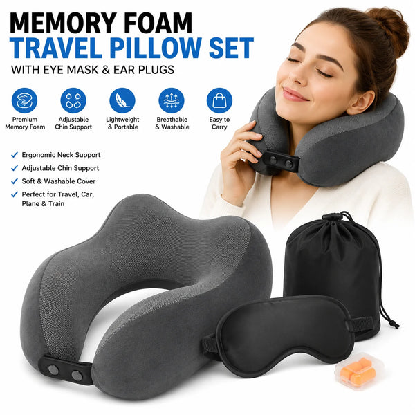 NOBLILUX memory foam travel pillow set with eye mask and ear plugs