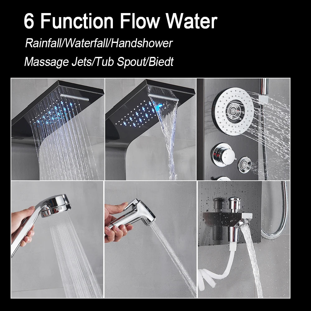 LED Shower Panel System - SPA Massage Jets with Waterfall Rain & Bidet Sprayer