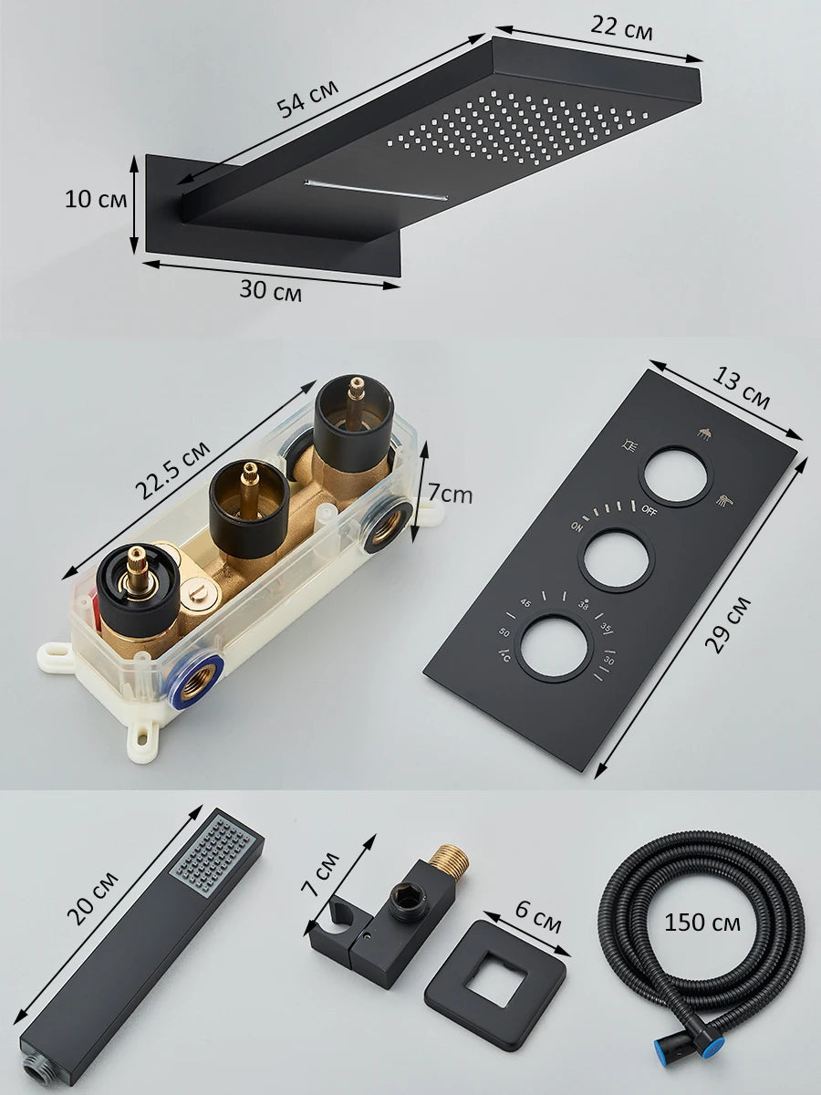 Black Thermostatic Shower System - Rain & Waterfall Faucet with 3-Way Mixer