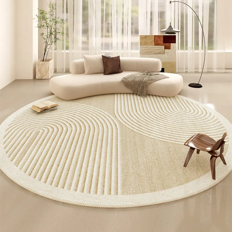 Beige Round Luxury Rug - Cream Minimalist Stripe Carpet for Bedroom 110cm