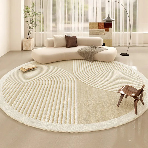Beige Round Luxury Rug - Cream Minimalist Stripe Carpet for Bedroom 110cm