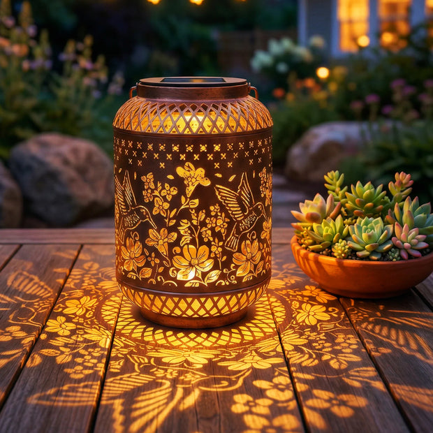Solar Hummingbird Hollow Lantern | Bronze Metal Garden Decor Light | IP44