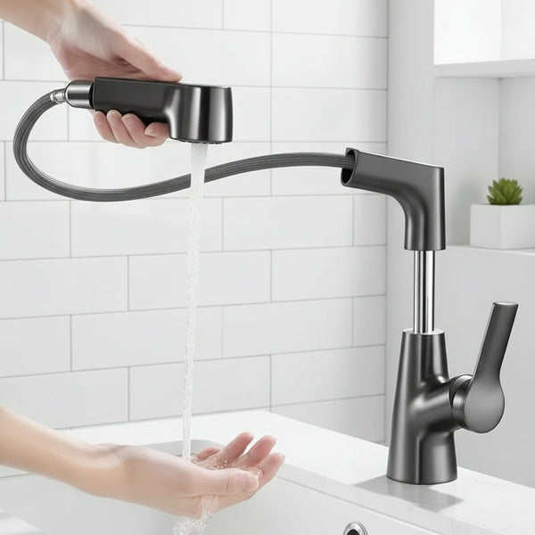 Pull-Out Basin Mixer Tap | 360° Swivel Spout | Brass & Ceramic | Chrome, Black, White & Grey
