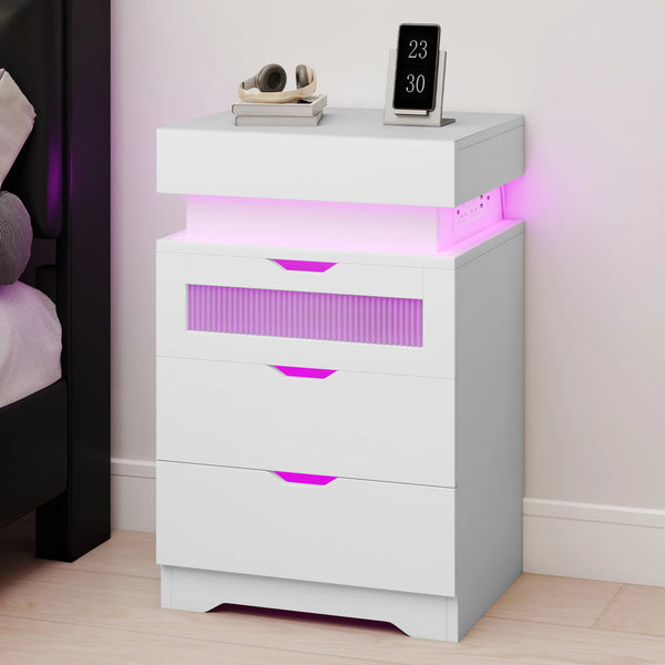 White 4-Drawer Nightstand - LED Lighting & Charging Station