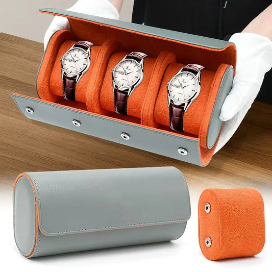 Grey/Brown Watch Roll Travel Case – 1/2/3 Slots Vintage Leather Watch Box for Men.