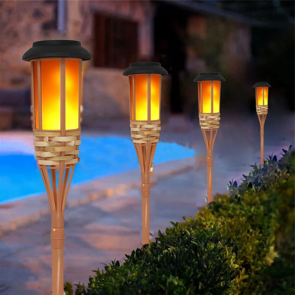 Solar Bamboo Flame Effect Torch | IP65 Waterproof Garden Lawn Light | 4 pack