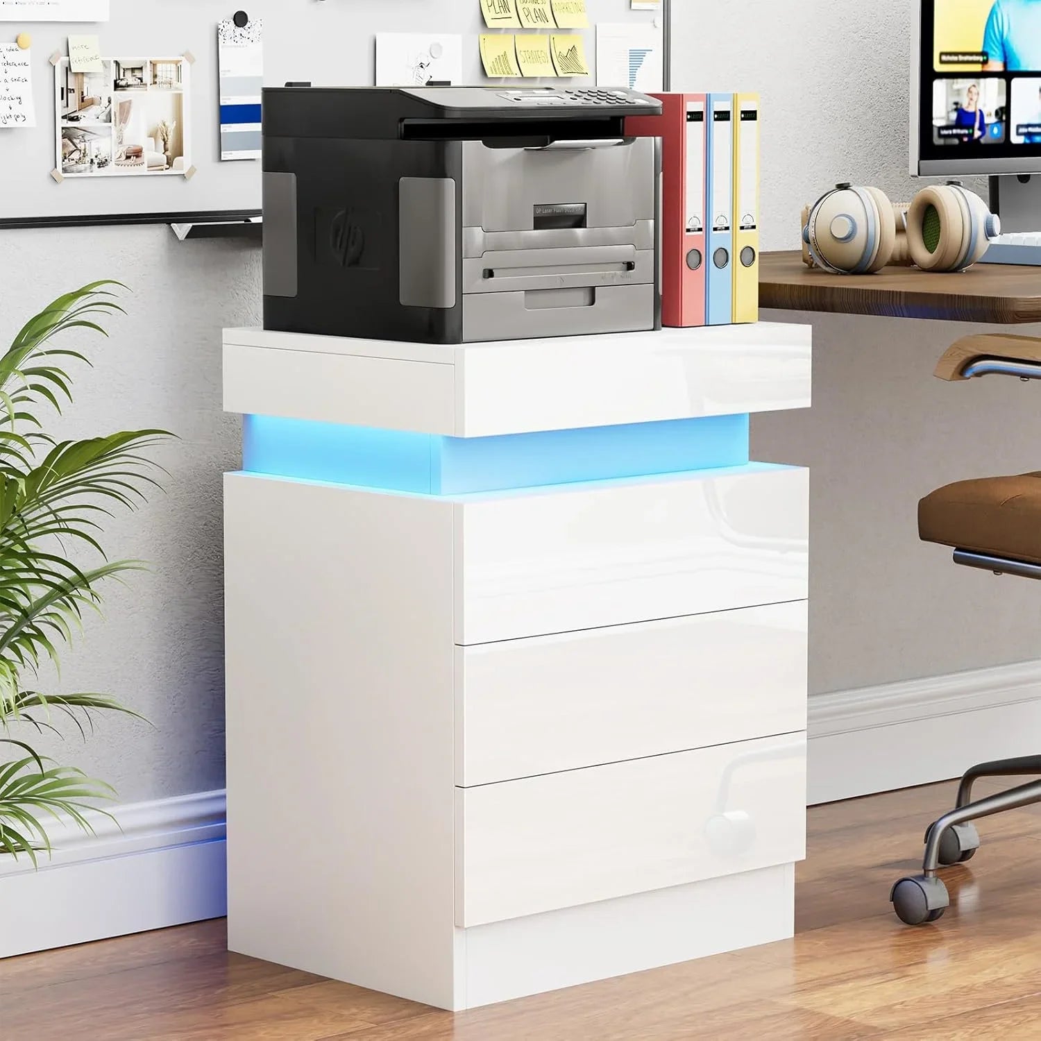 Wooden 3-Drawer Nightstand - LED Lighting & Charging Station (2AC/2USB) UK