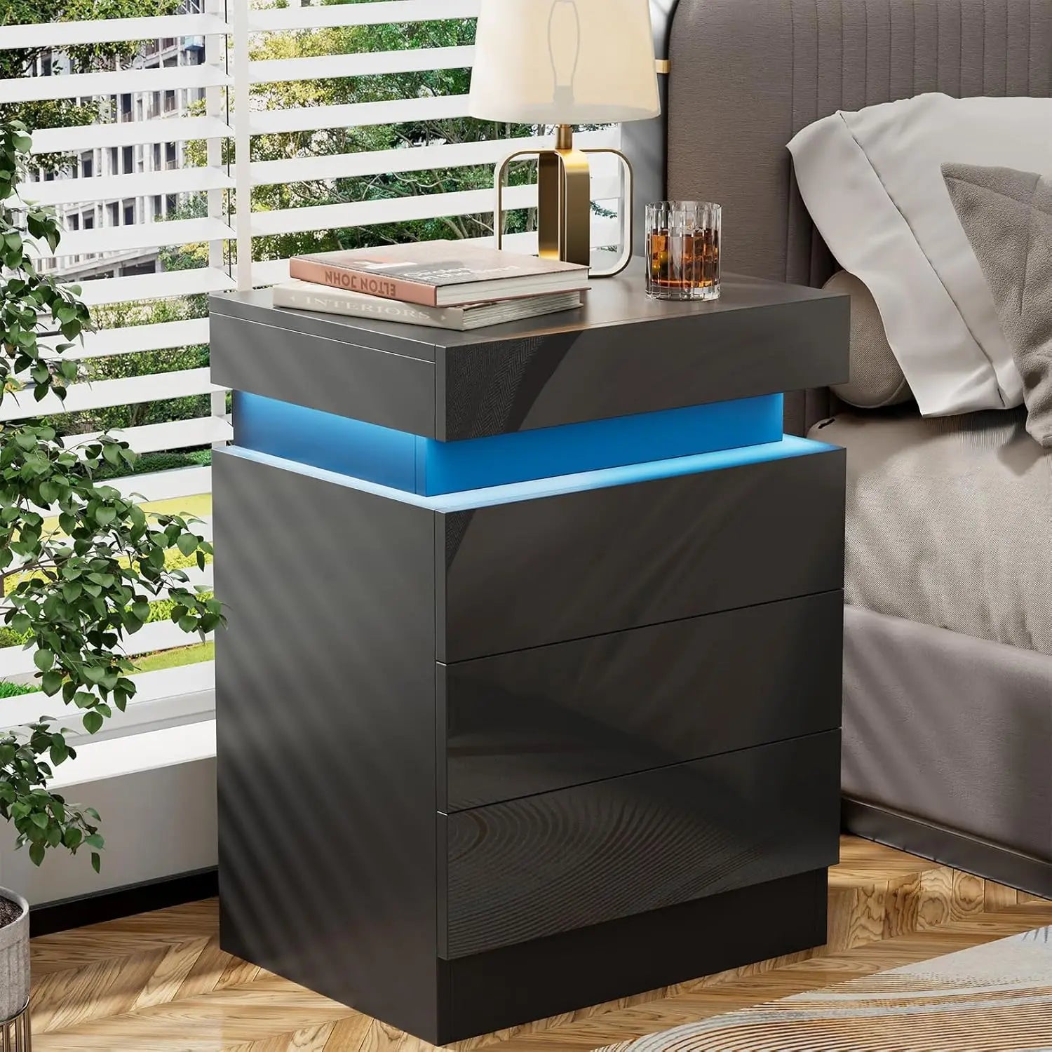 3-Drawer Bedside Table - LED Lighting & Modern Storage
