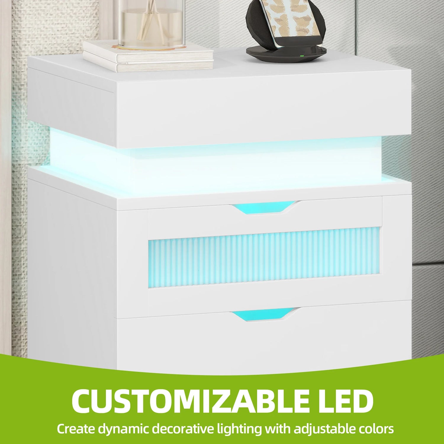 White 4-Drawer Nightstand - LED Lighting & Charging Station