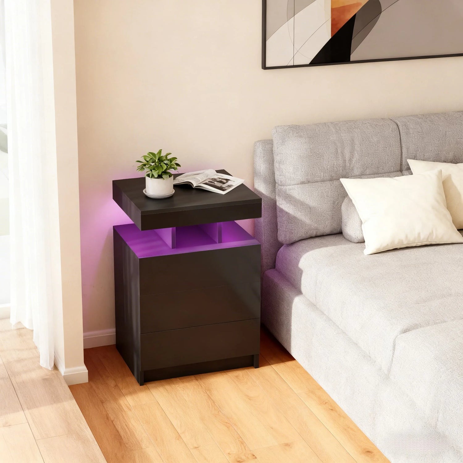 Tall 3-Drawer Nightstand - LED Lighting & USB-C Charging Station