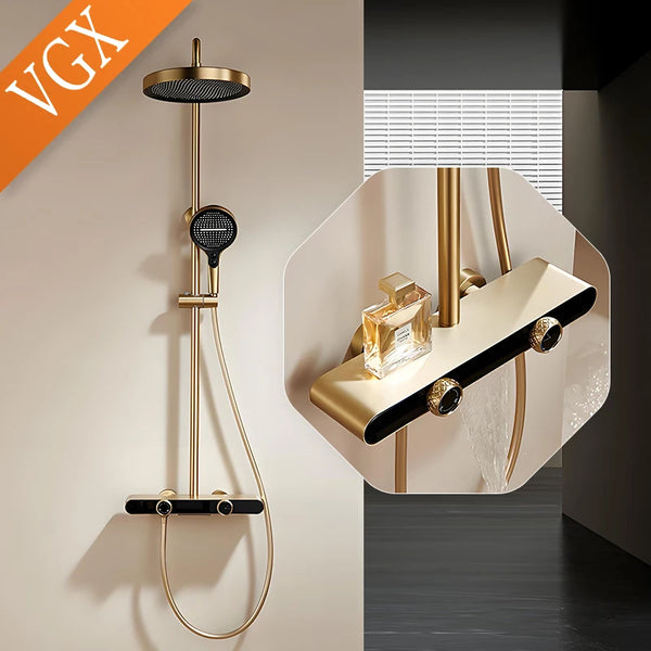 3-Way Gold Shower System - White & Gold Bathroom Faucet Set with Rainfall Head