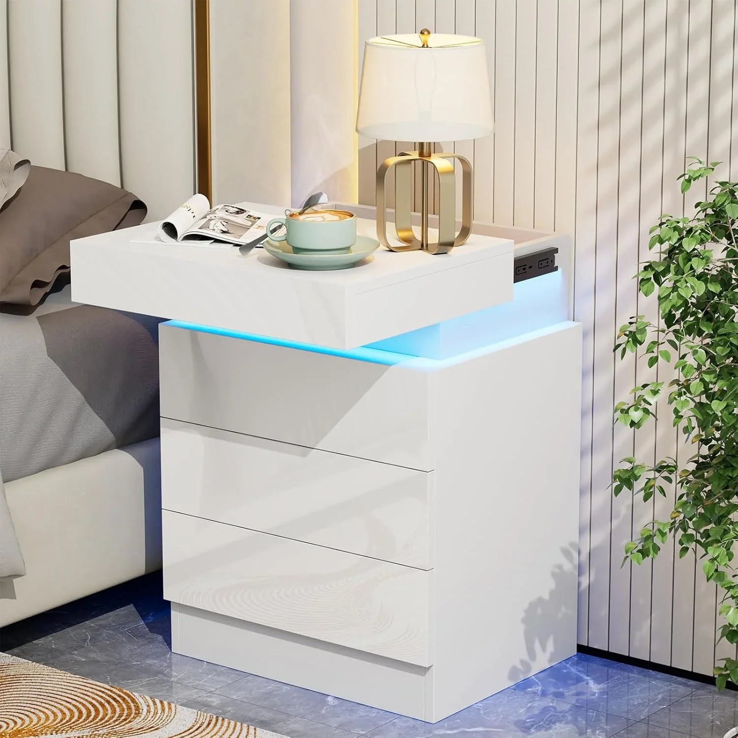 Wooden 3-Drawer Nightstand - LED Lighting & Charging Station (2AC/2USB) UK