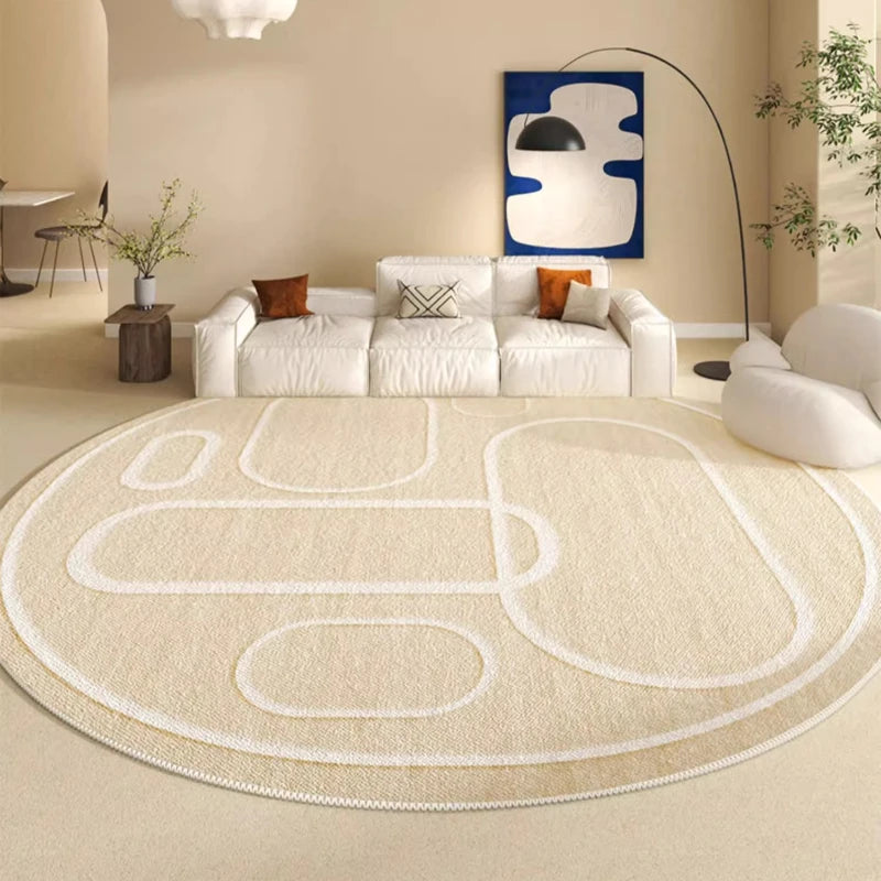 Beige Round Luxury Rug - Cream Minimalist Stripe Carpet for Bedroom 110cm