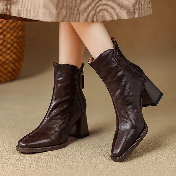 Women's Genuine Leather Ankle Boots – Square Toe Chunky Heel