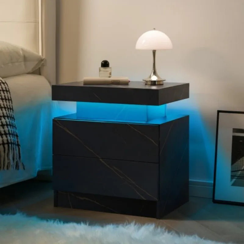 LED Nightstand - 2 Drawers with Multi-Color Adjustable Lighting (Black Gold)