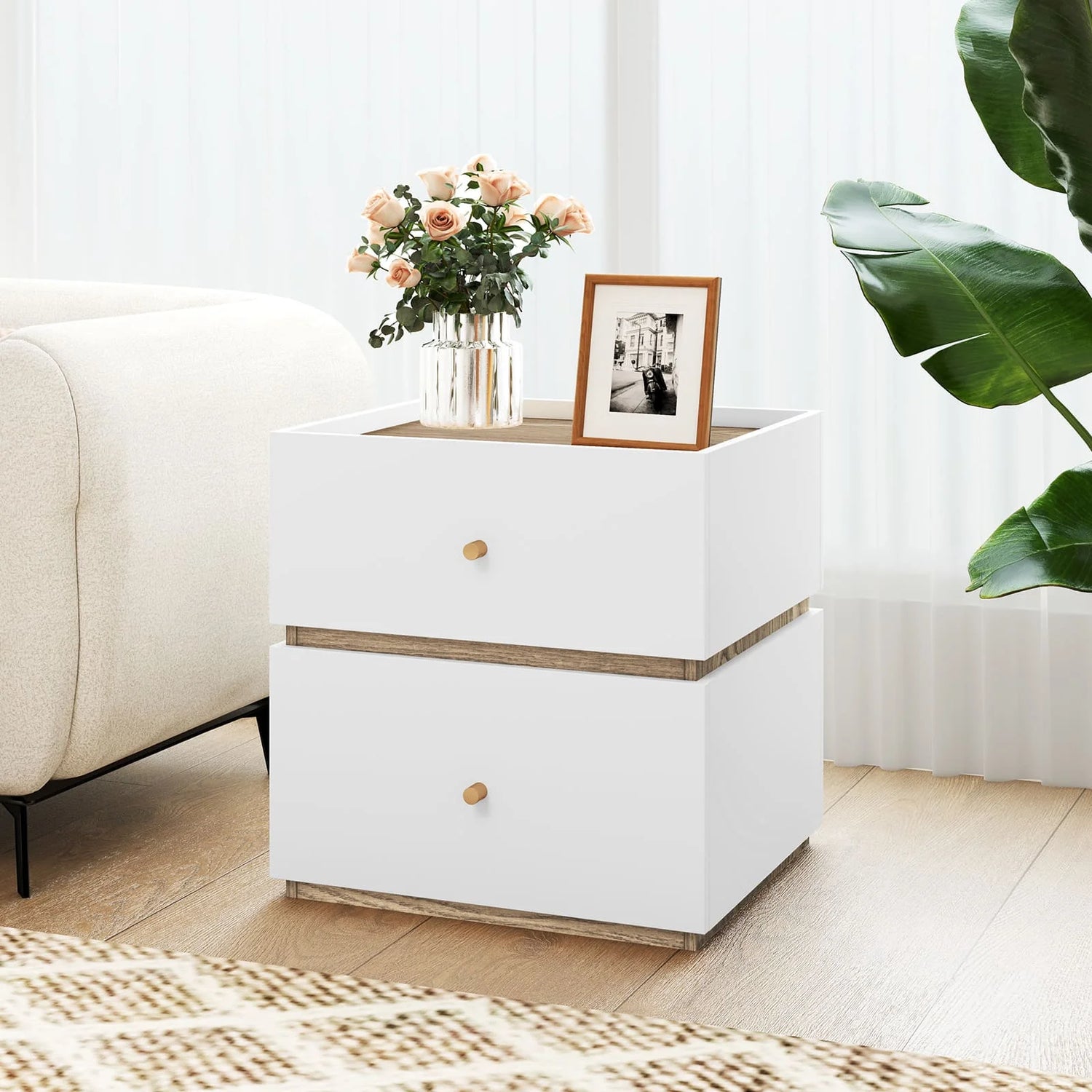 2-Drawer Nightstand - Modern Bedside Table with Wood Grain