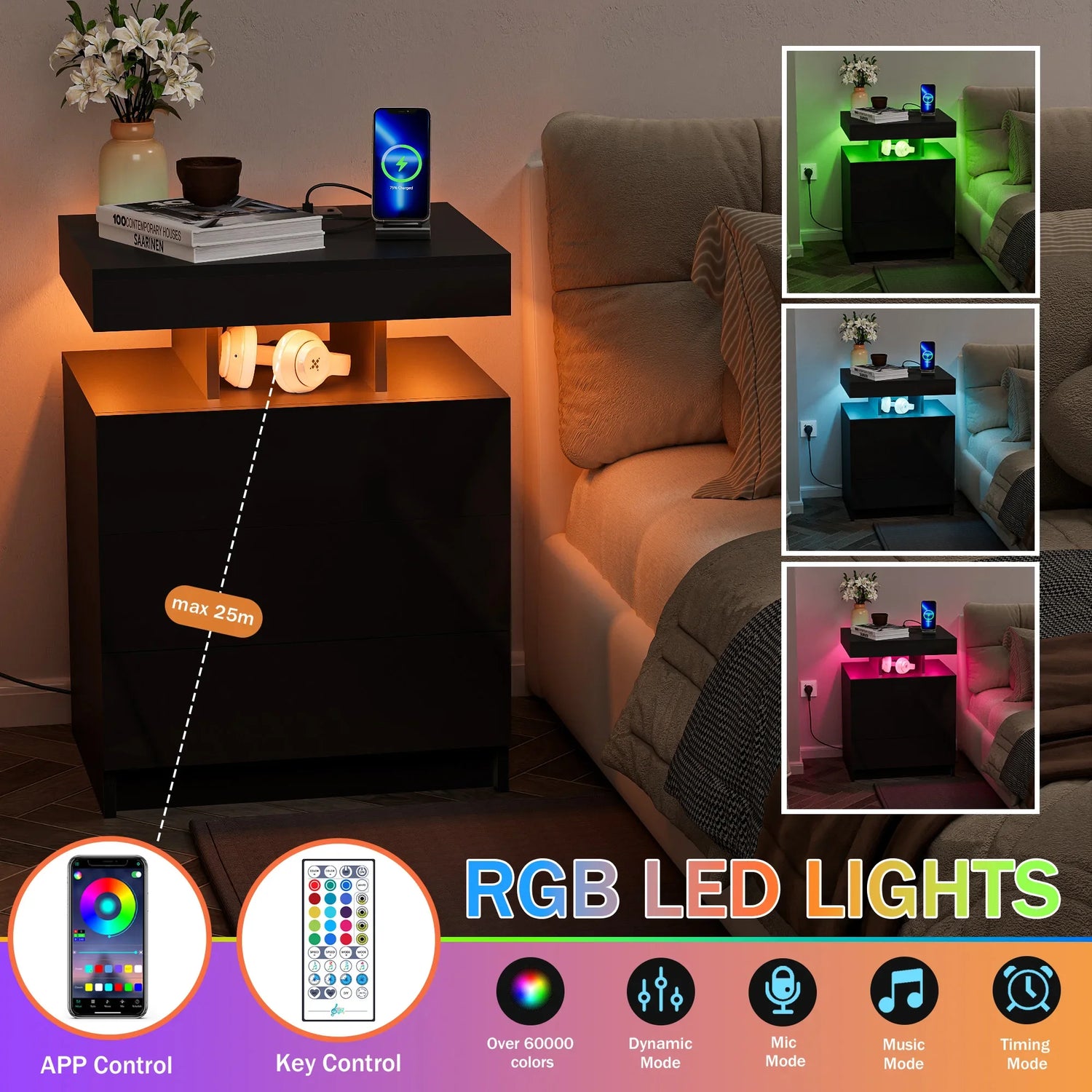 Tall 3-Drawer Nightstand - LED Lighting & USB-C Charging Station