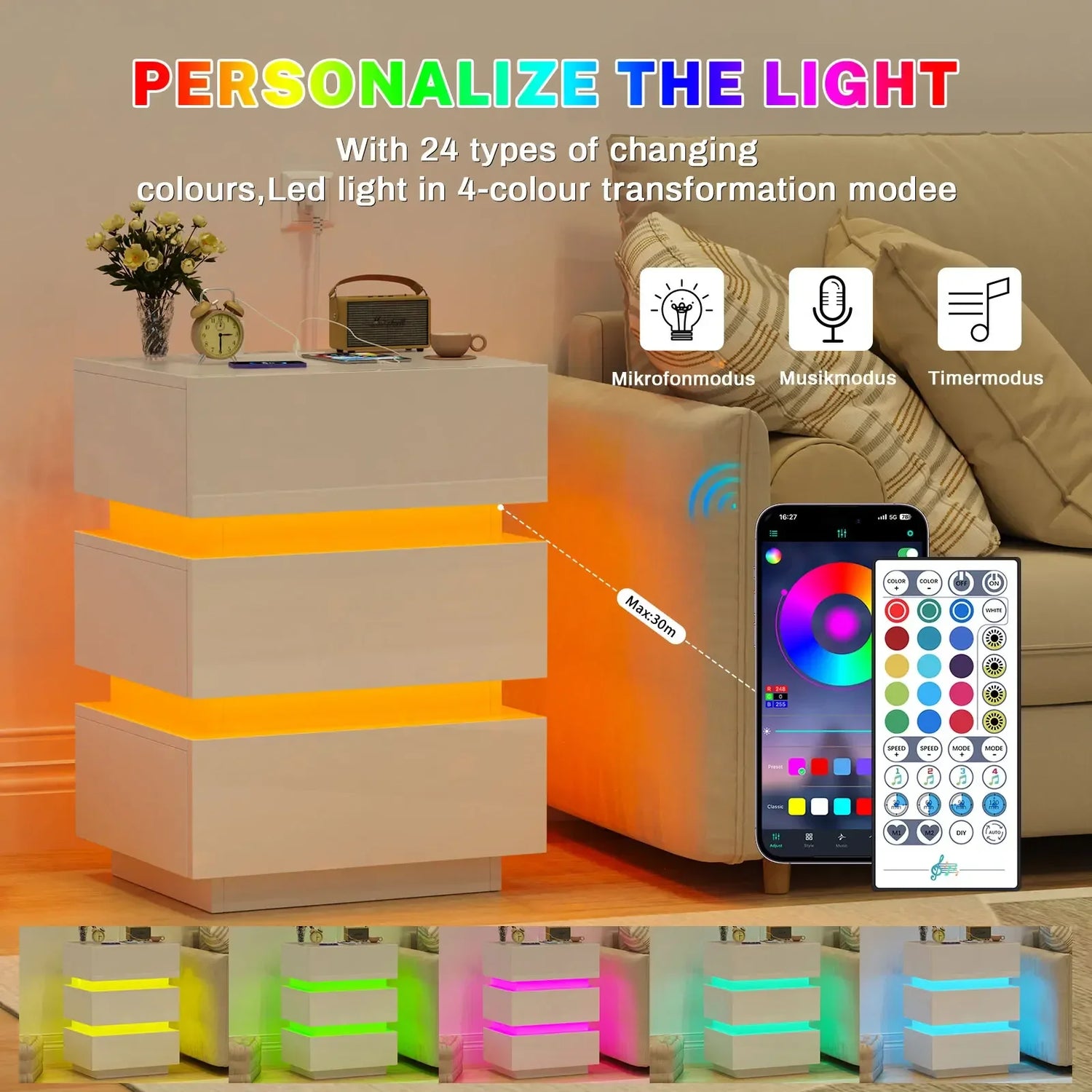 Wooden 2-Drawer Nightstand - Sliding Top & LED Lighting (2AC/2USB)