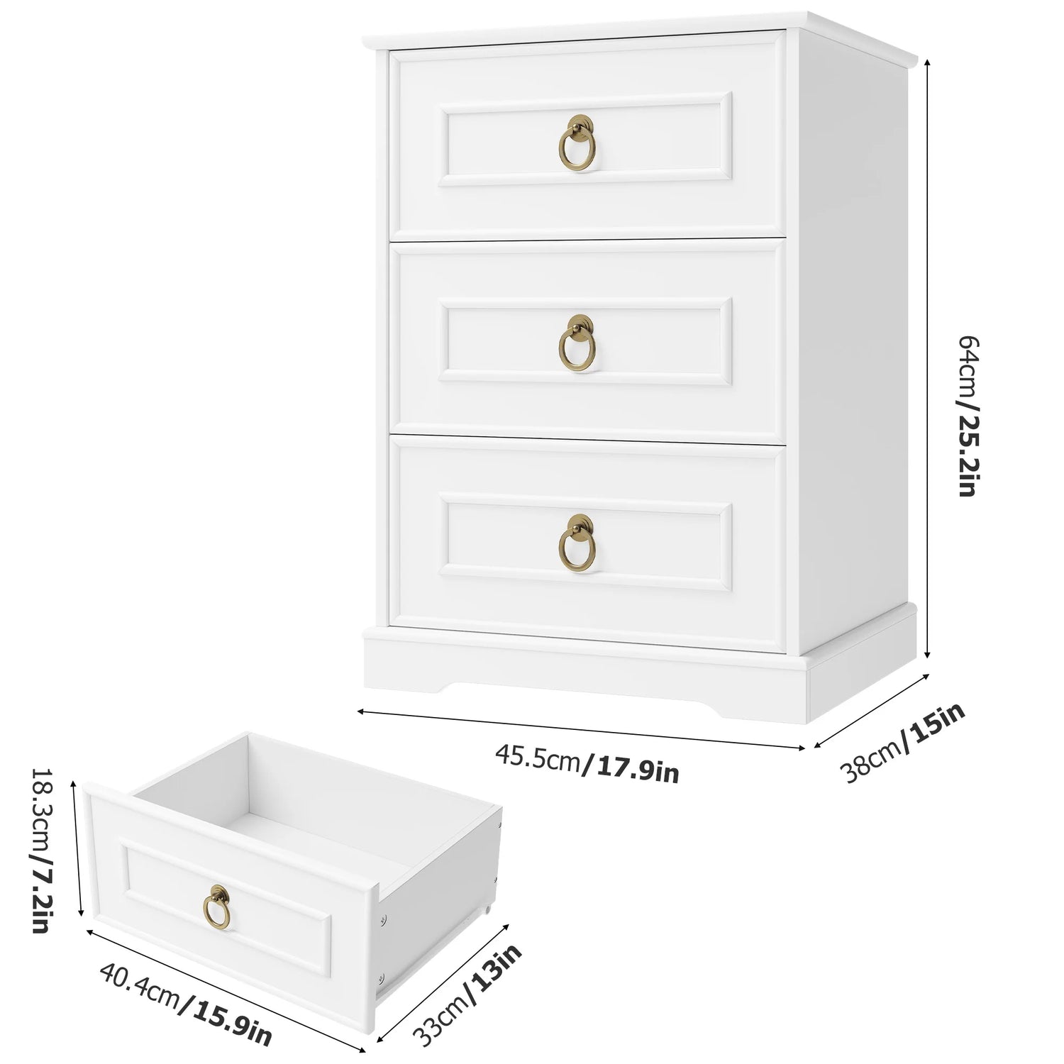 3-Drawer Bedside Table - Vintage-Inspired Nightstand 45.5×38×64cm