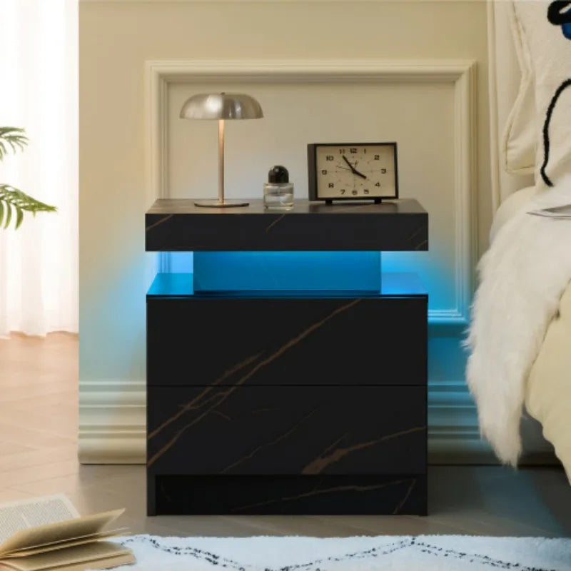 LED Nightstand - 2 Drawers with Multi-Color Adjustable Lighting (Black Gold)