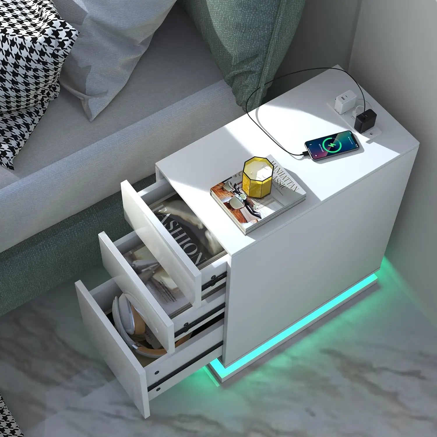 Nordic 2-Drawer Nightstand - Sliding Top & LED Lighting (2AC/2USB)