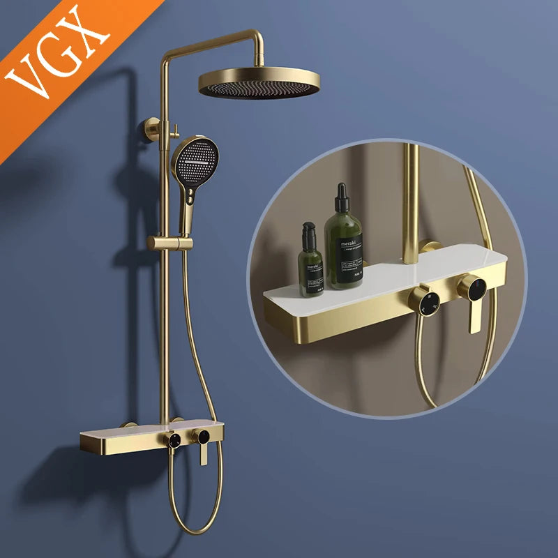 3-Way Gold Shower System - Grey & Gold Bathroom Faucet Set with Rainfall Head