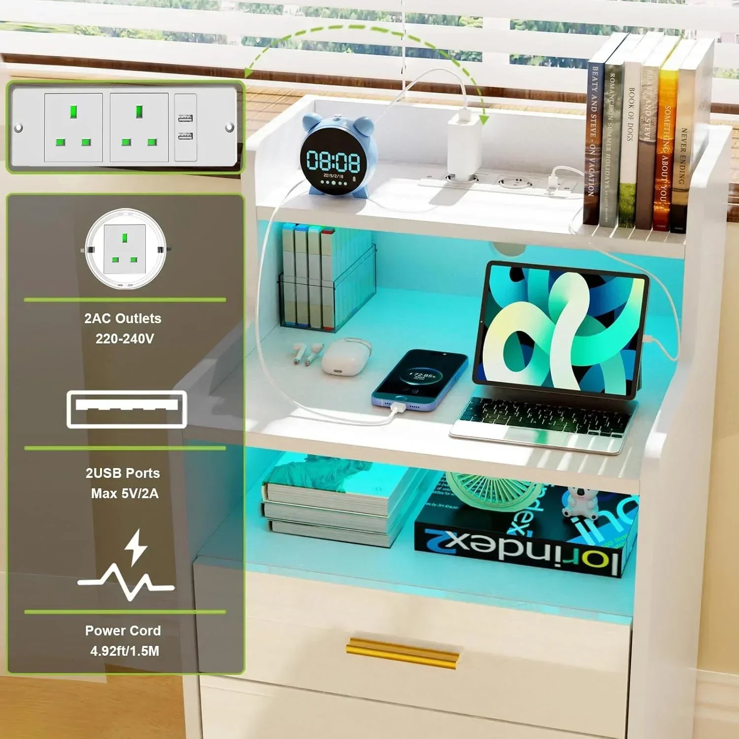 Wooden 3-Drawer Tall Nightstand - 6-Layer Storage & LED Lighting (2AC/2USB)