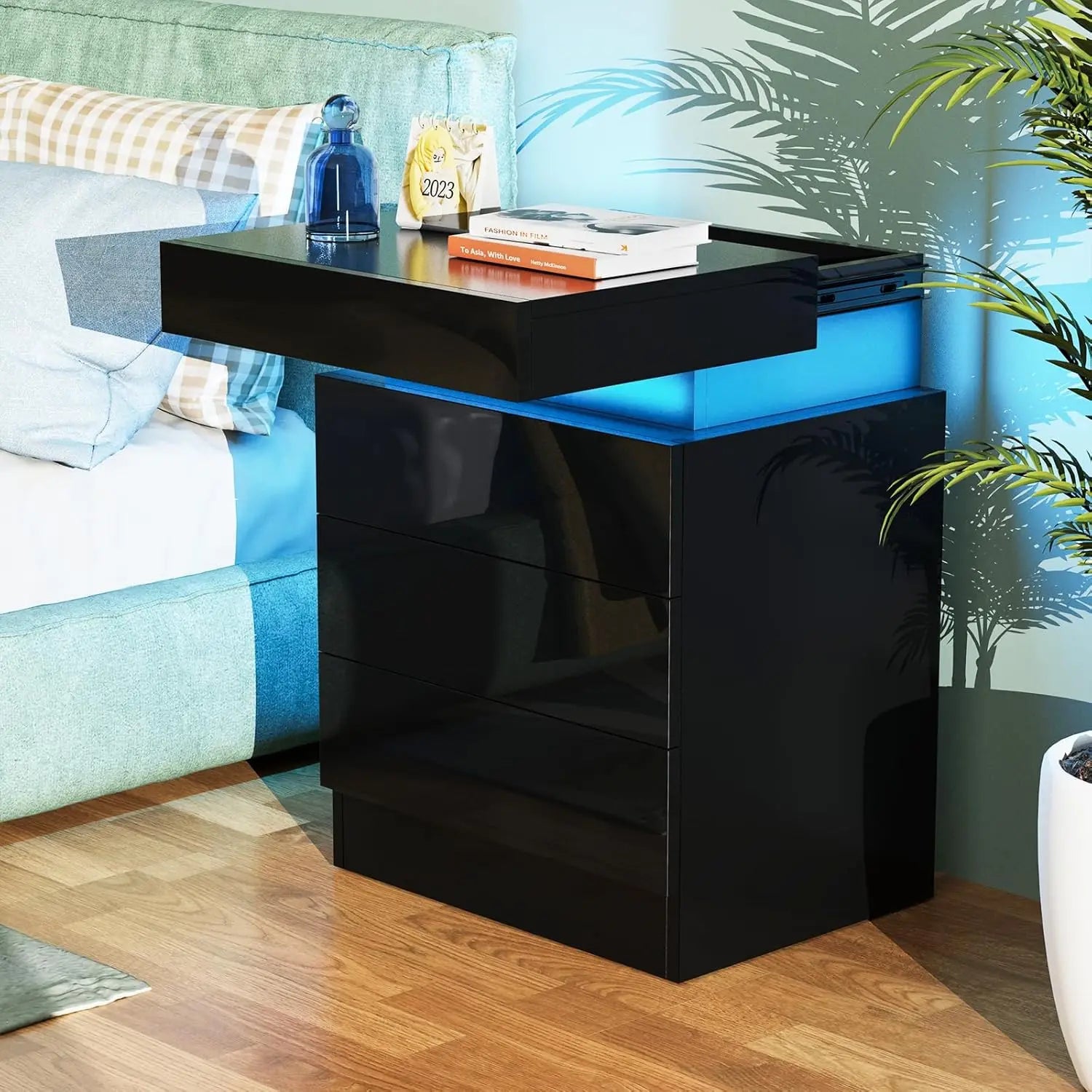 Wooden 3-Drawer Nightstand - LED Lighting & Charging Station UK Plug