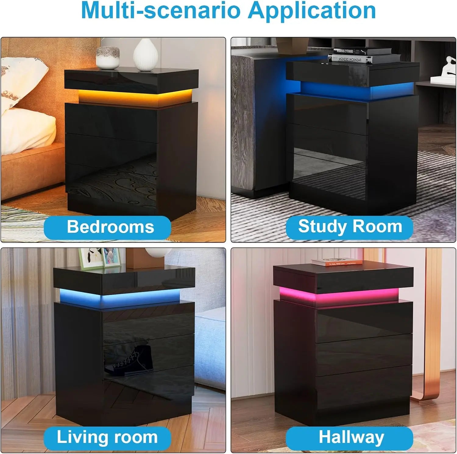 Wooden 3-Drawer Nightstand - LED Lighting & Charging Station UK Plug