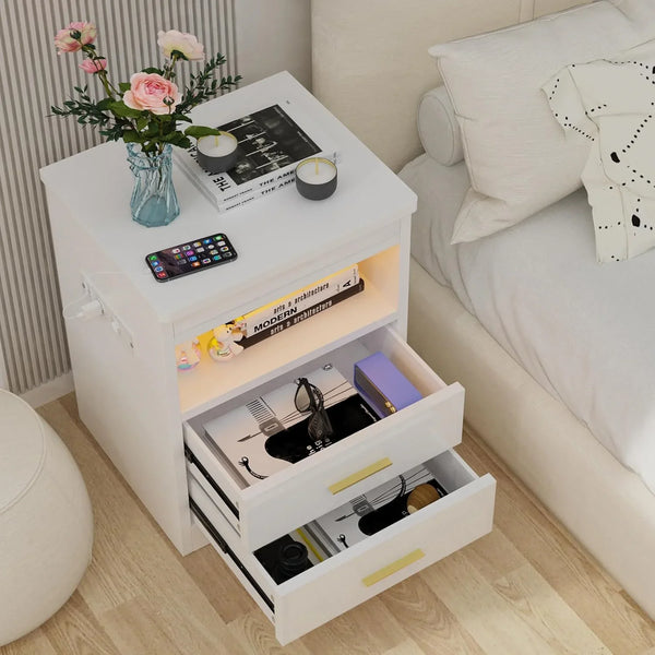 2-Drawer LED Nightstand Set - White with RGB Lighting (2-Piece)