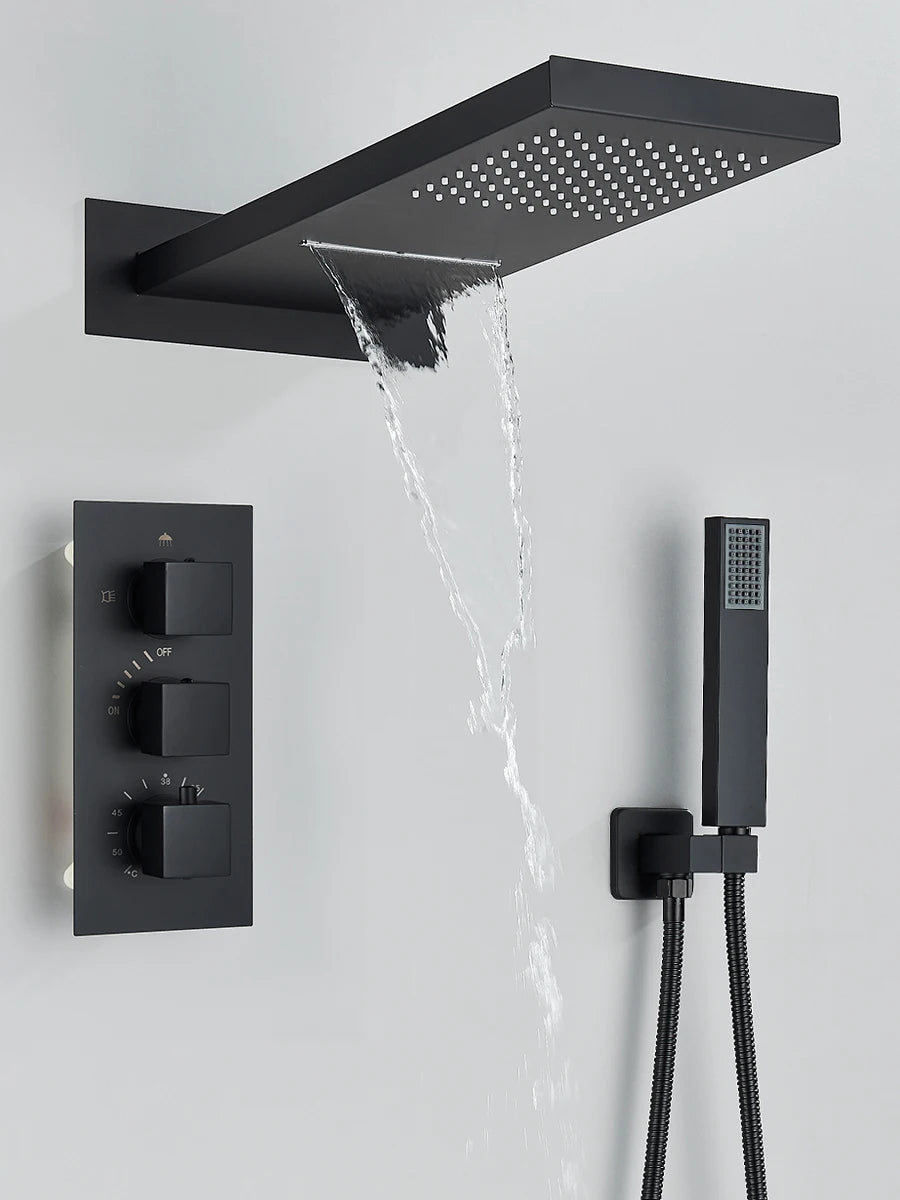 Black Thermostatic Shower System - Rain & Waterfall Faucet with 3-Way Mixer