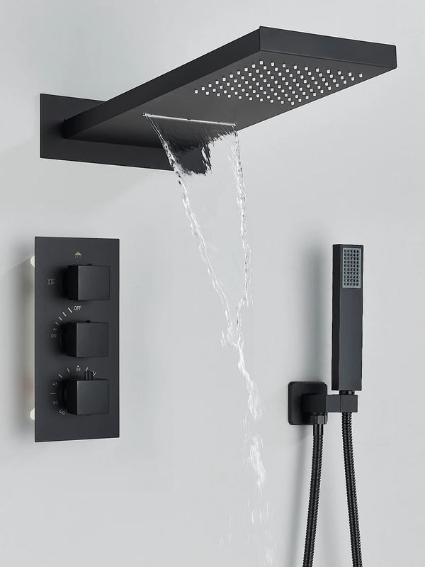 Black Thermostatic Shower System - Rain & Waterfall Faucet with 3-Way Mixer