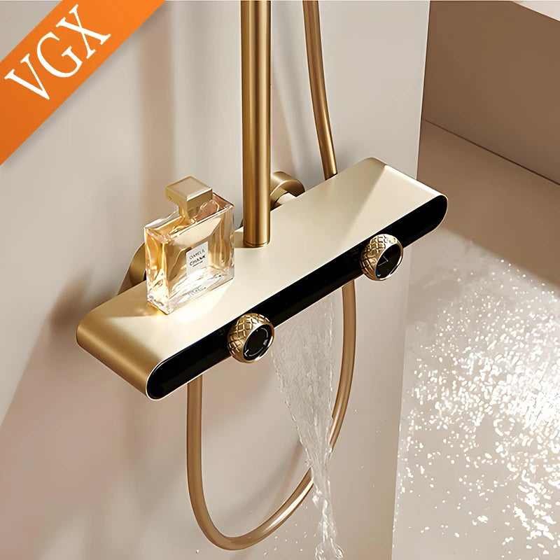 3-Way Gold Shower System - White & Gold Bathroom Faucet Set with Rainfall Head