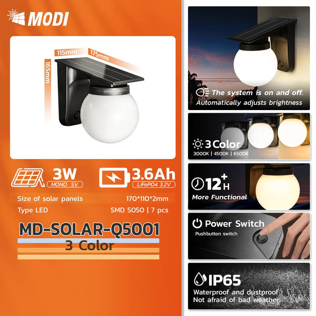 Solar Wall Light | 3 Colour Modes | IP65 | LiFePO4 Battery | 12+ Hour Runtime