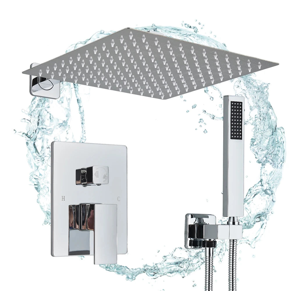 Chrome 2/3-Way Rainfall Shower System - Brass Diverter Mixer with 8-16" Head