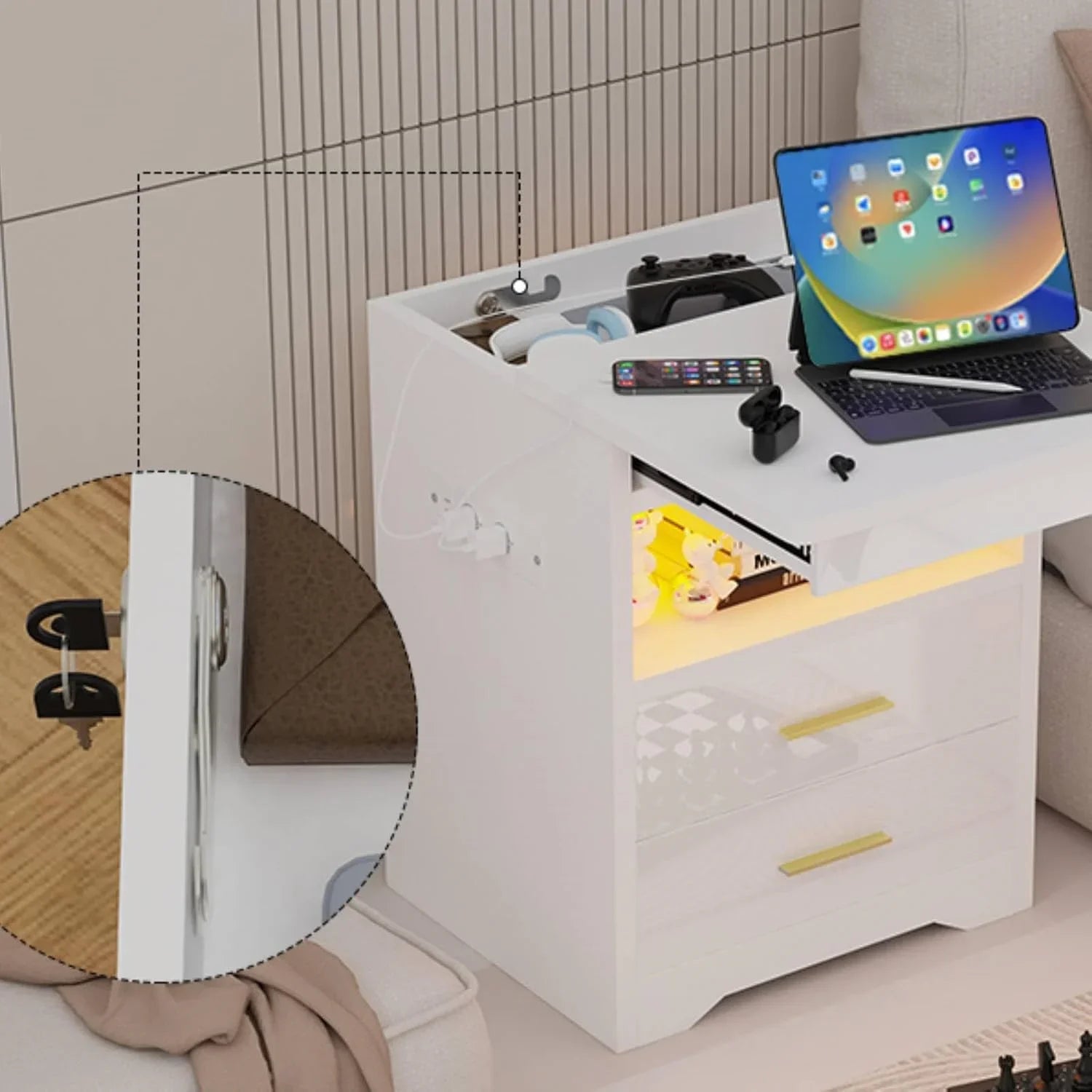 2-Drawer LED Nightstand Set - White with RGB Lighting (2-Piece)