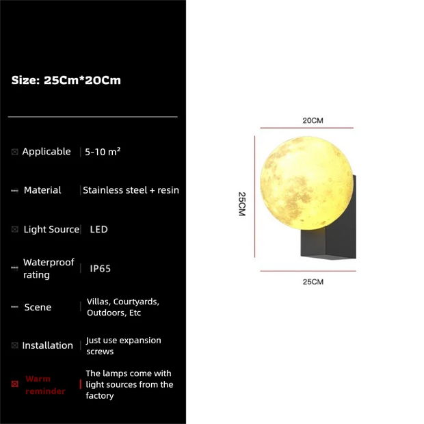 LED Moon Light Outdoor Wall Lamp | IP65 | Stainless Steel | Warm White | H25cm | Garden & Balcony