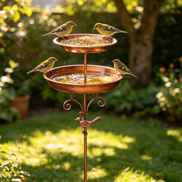Vintage Copper Bird Bath & Feeder | Double Layer | Rust-Resistant Iron