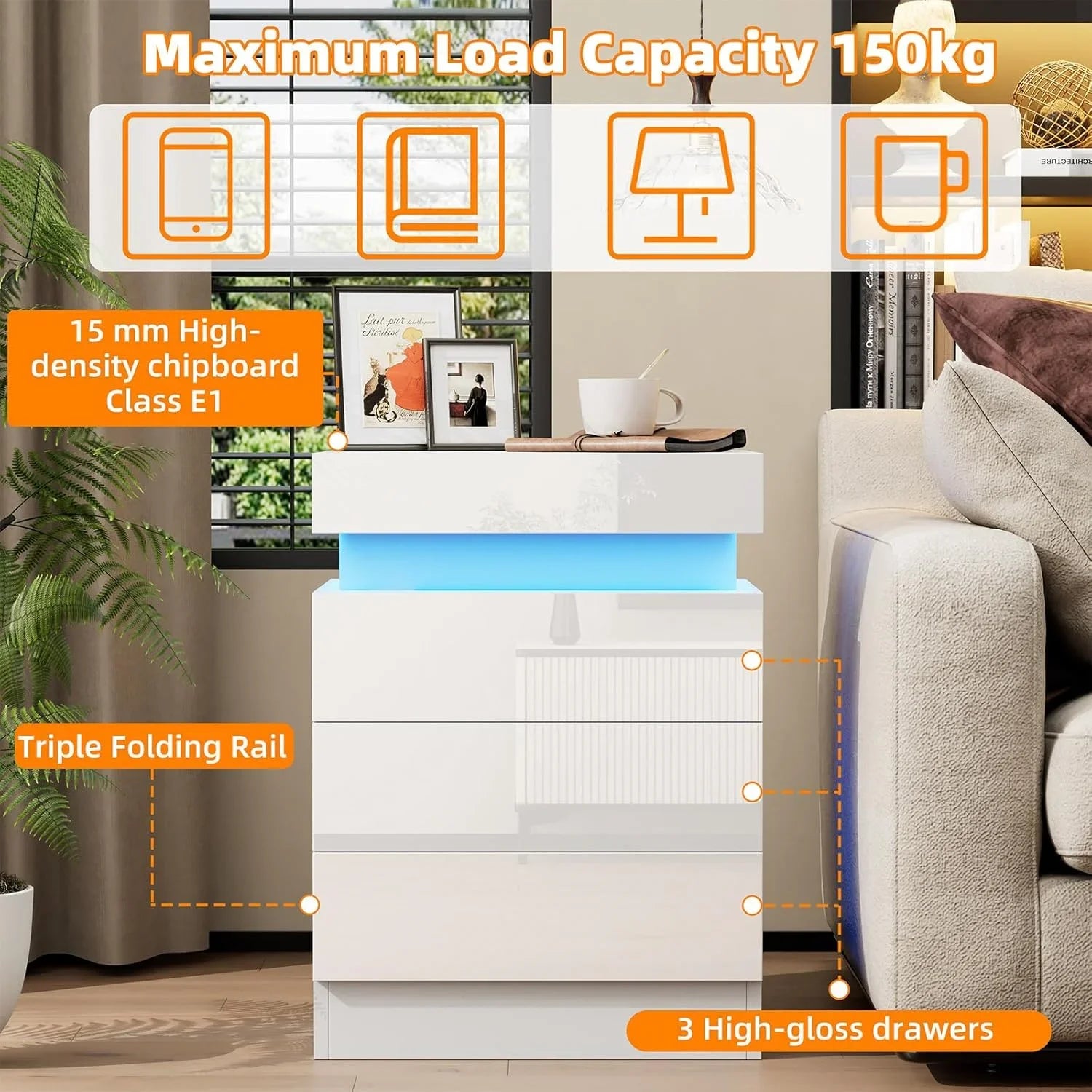 Wooden 3-Drawer Nightstand - Sliding Top & LED Lighting (2AC/2USB)