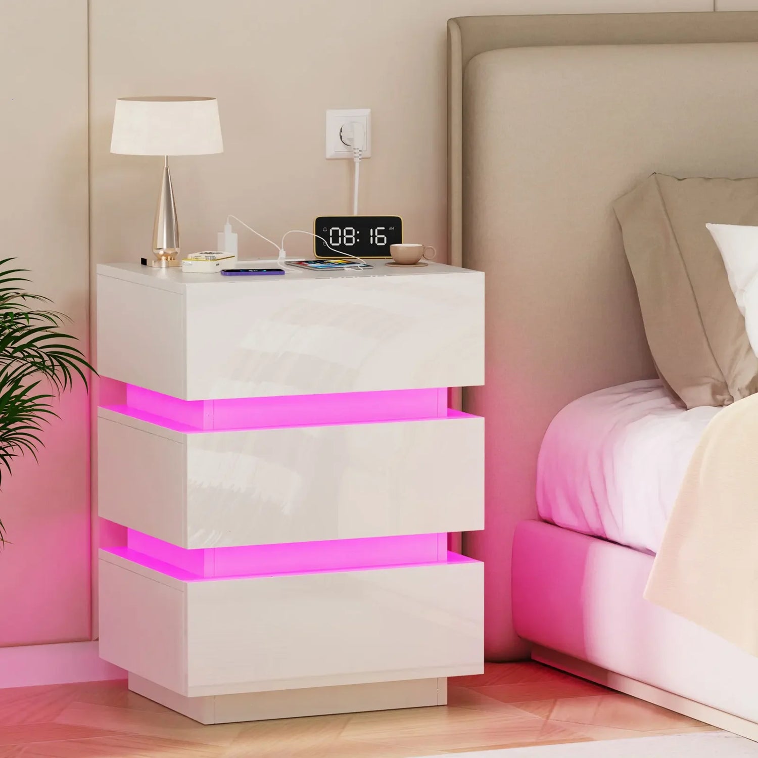 Wooden 3-Drawer Nightstand - 2m LED Lighting & Charging (2AC/2USB)