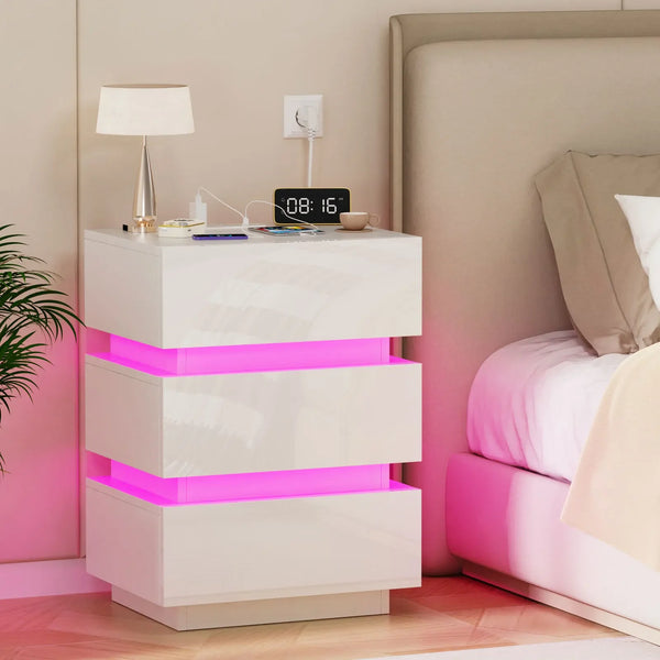 Wooden 3-Drawer Nightstand - 2m LED Lighting & Charging (2AC/2USB)