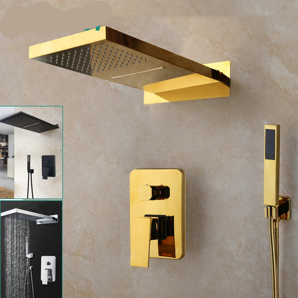 3-Function Golden Black Shower System - Rainfall & Waterfall Faucet Set
