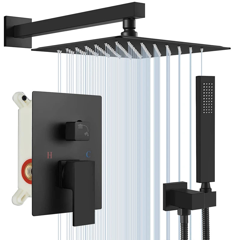 Black Concealed Shower System - Rain & Waterfall Faucet Set with Tub Spout