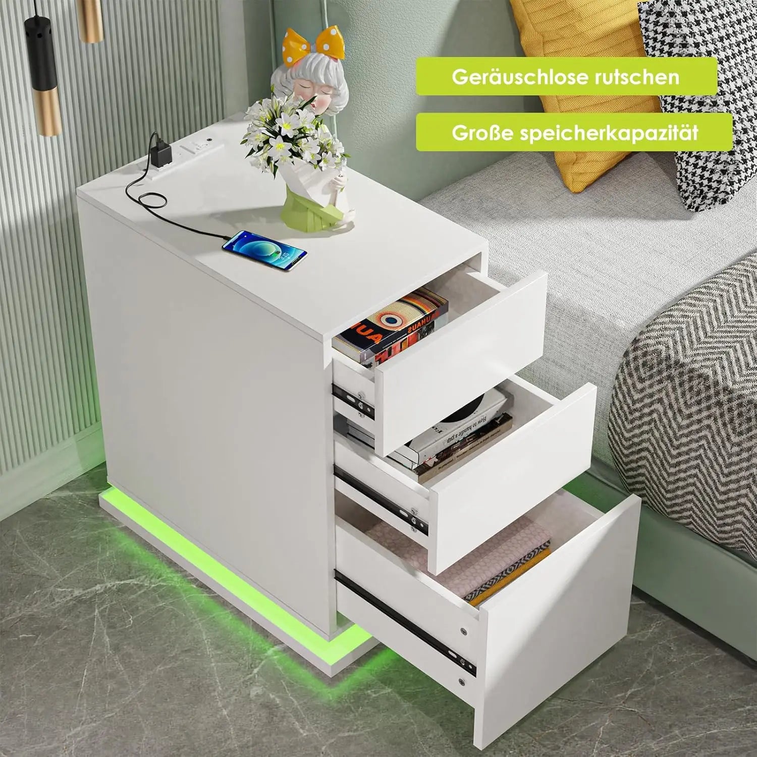 Nordic 2-Drawer Nightstand - Sliding Top & LED Lighting (2AC/2USB)