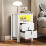 Wooden 3-Drawer Nightstand - 2m LED Strip & Charging Station (2AC/2USB)