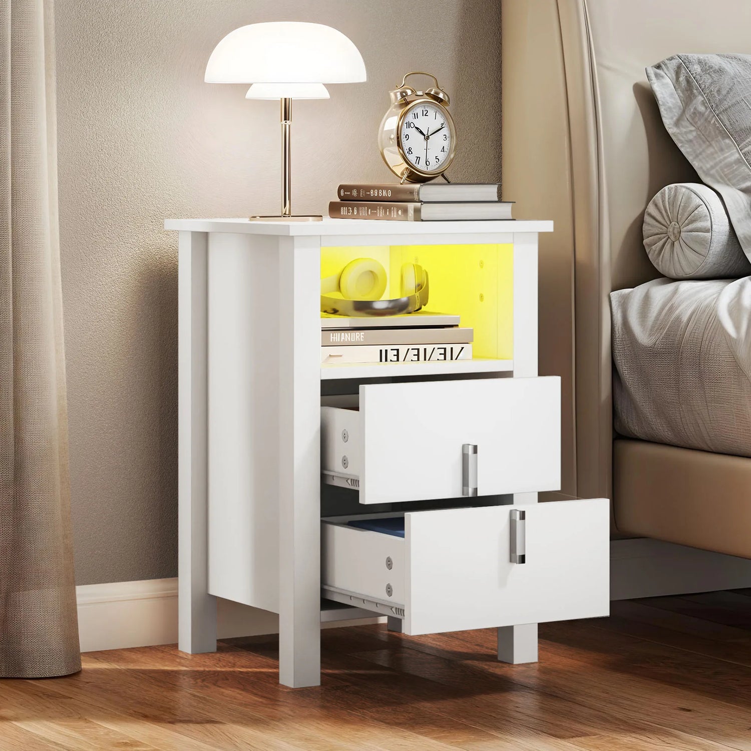 Wooden 3-Drawer Nightstand - 2m LED Strip & Charging Station (2AC/2USB)