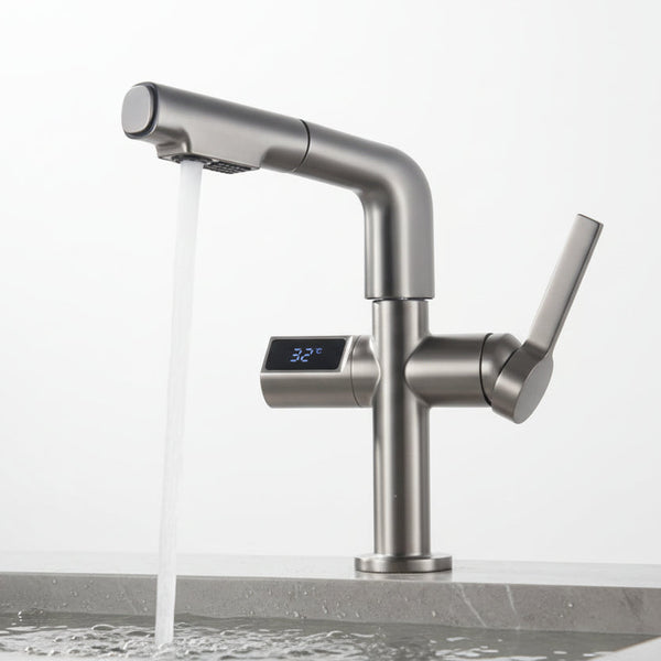 Smart LED Digital Display Basin Faucet with Pull-Out Spray - Brass Sensor Tap