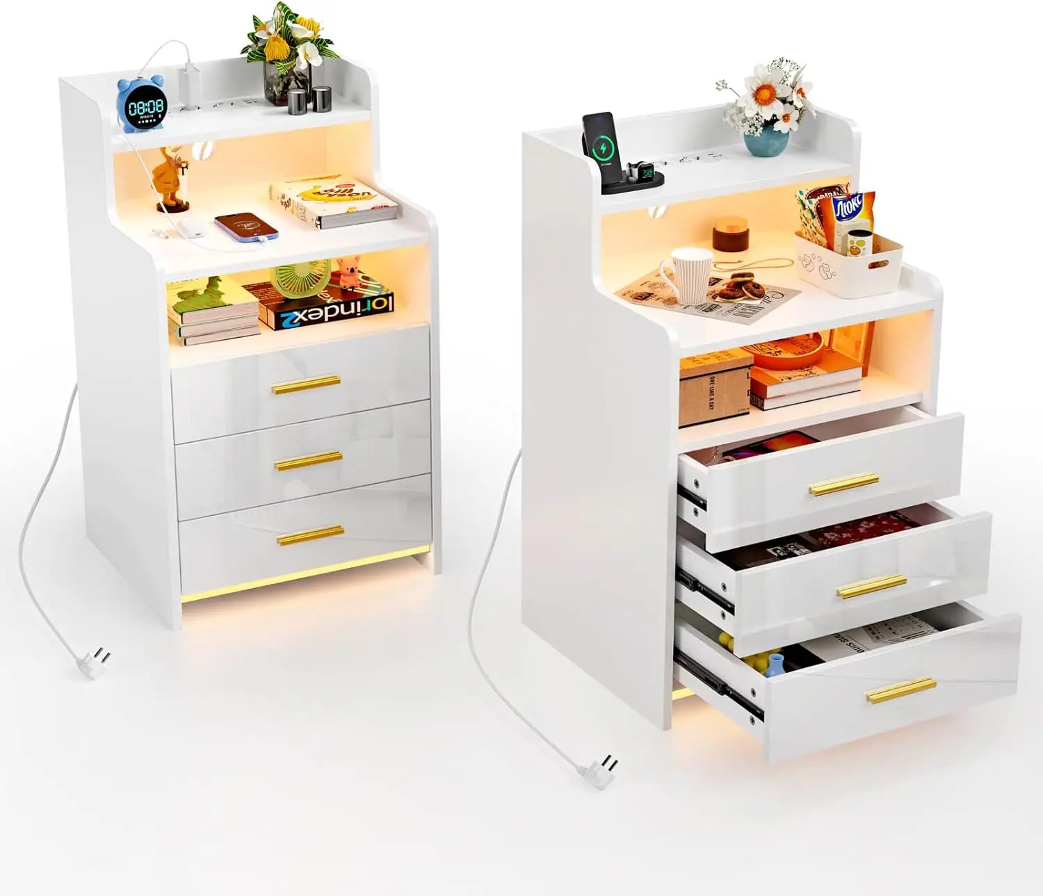 Wooden 3-Drawer Tall Nightstand - 6-Layer Storage & LED Lighting (2AC/2USB)